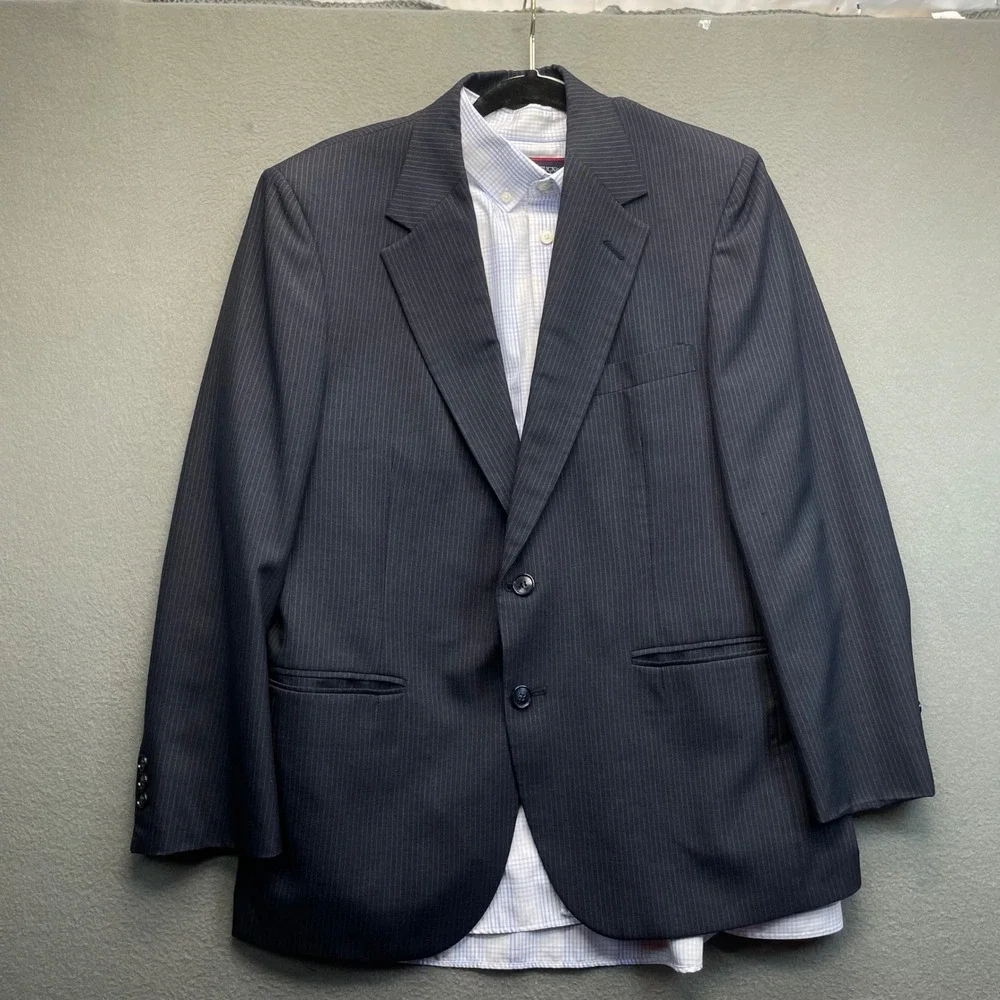 Johnny‎ Carson Men Blazer Navy Blue Pinstripe 40 Vintage Business Professional